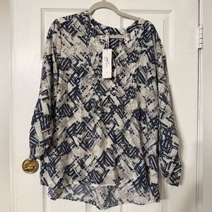 NY Collection Navy and White Abstract Blouse